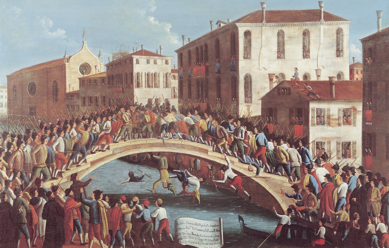 Kjemp med pinner på Ponte Santa Fosca, Venezia av Gabriele Bella