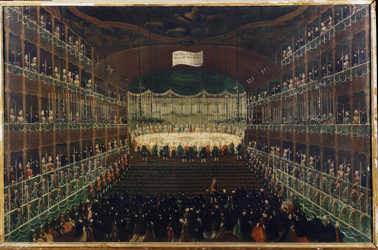 Et måltid på San Benedetto Theatre - "" Mottakelse til ære for prinsene i nord"" Bankett som samler ambassadører. Maleri av Gabriel Bella (1730-1799) Venezia fra 1700-tallet, Galleria Fondazione Querini Stampalia av Gabriele Bella