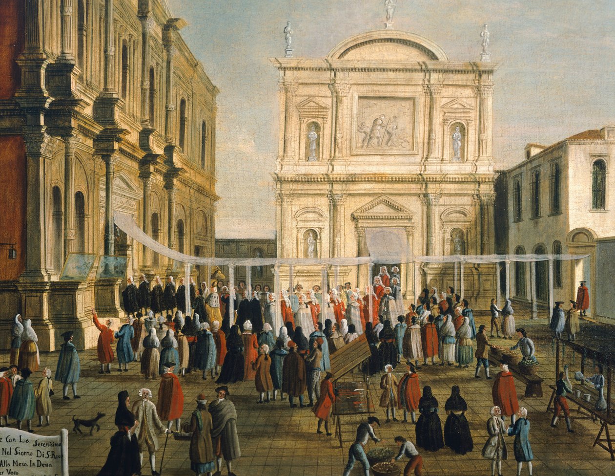 Doge og herrer i kirken San Rocco på helligdag, av Gabriel Bella (1730-1799) Olje på lerret, 92,5x145,5 cm, detalj av Gabriele Bella
