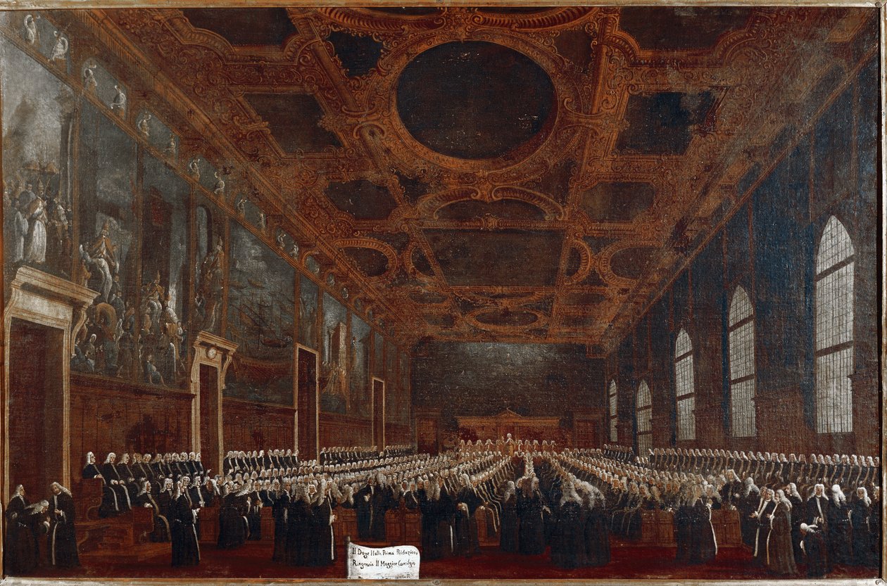 Første audiens av Doge of Venezia før Grand Council (olje på lerret av Gabriele Bella