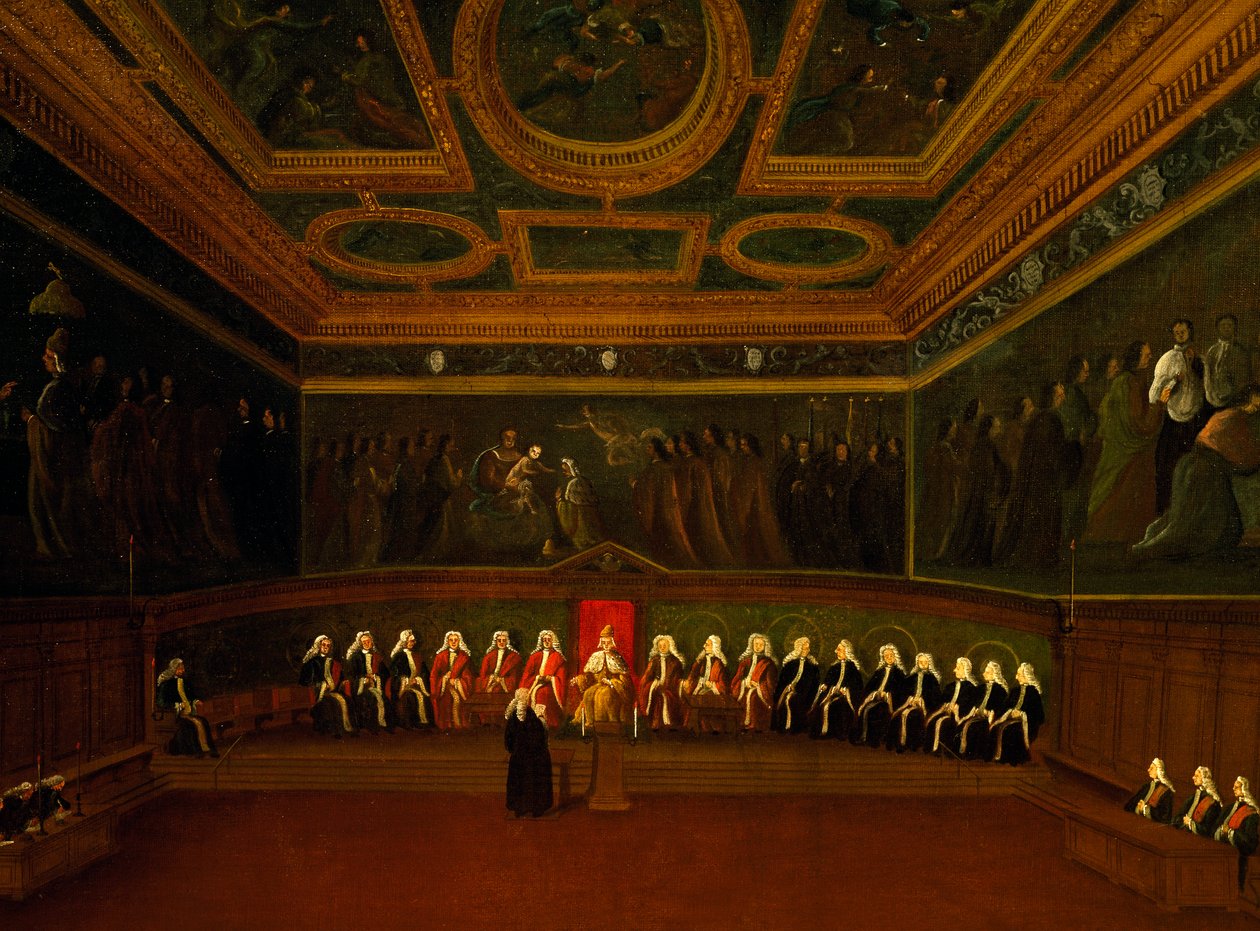 Hall of Council of Ten i Venezia, av Gabriel Bella (1730-1799), olje på lerret, 94x147 cm, Italia av Gabriele Bella
