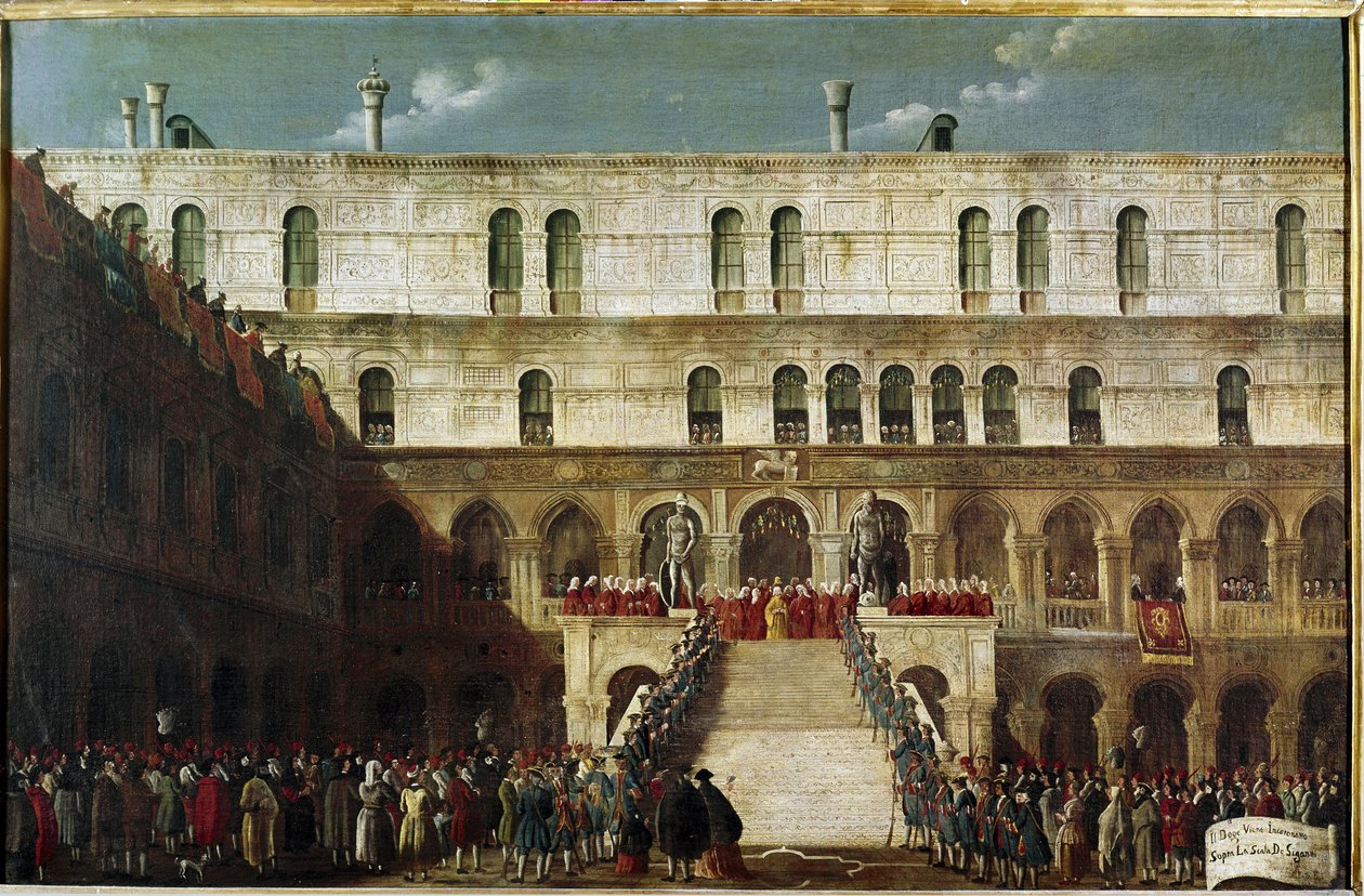Induksjon av dogen til trappen til geantene (kroningen av dogen på Scala dei Giganti i Venezia) - Maleri av Gabriele Bella (ca. Venezia, Querini Stampalia Foundation av Gabriele Bella