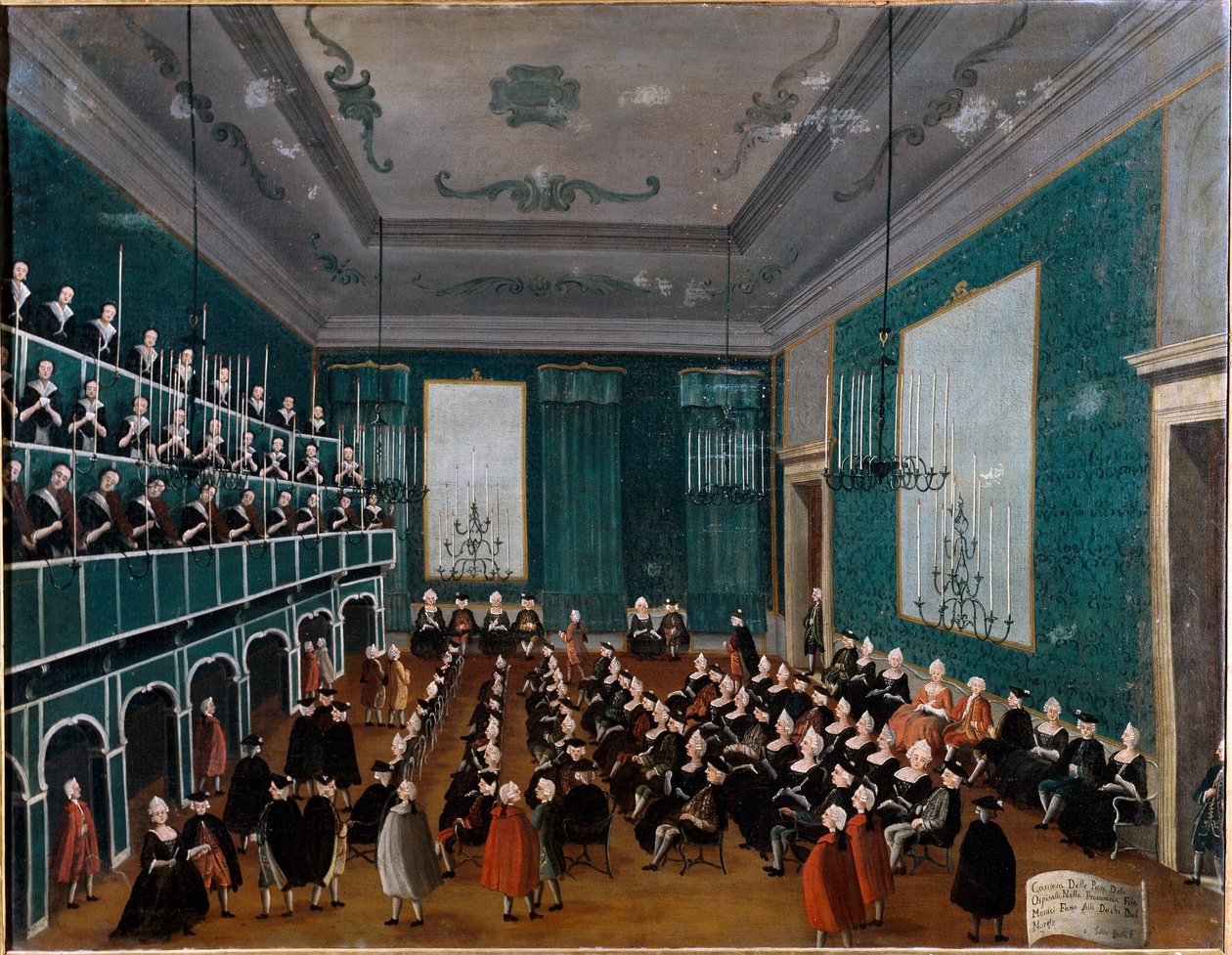 Cantata delle putte fra Ospitali-gruppen av foreldreløse barn samlet på sykehus i Venezia og utgjorde en del av kor på Antonio Vivaldis tid. Maleri av Gabriel Bella (1730-1799) Palazzo Querini Stampalia Venezia fra 1700-tallet av Gabriele Bella