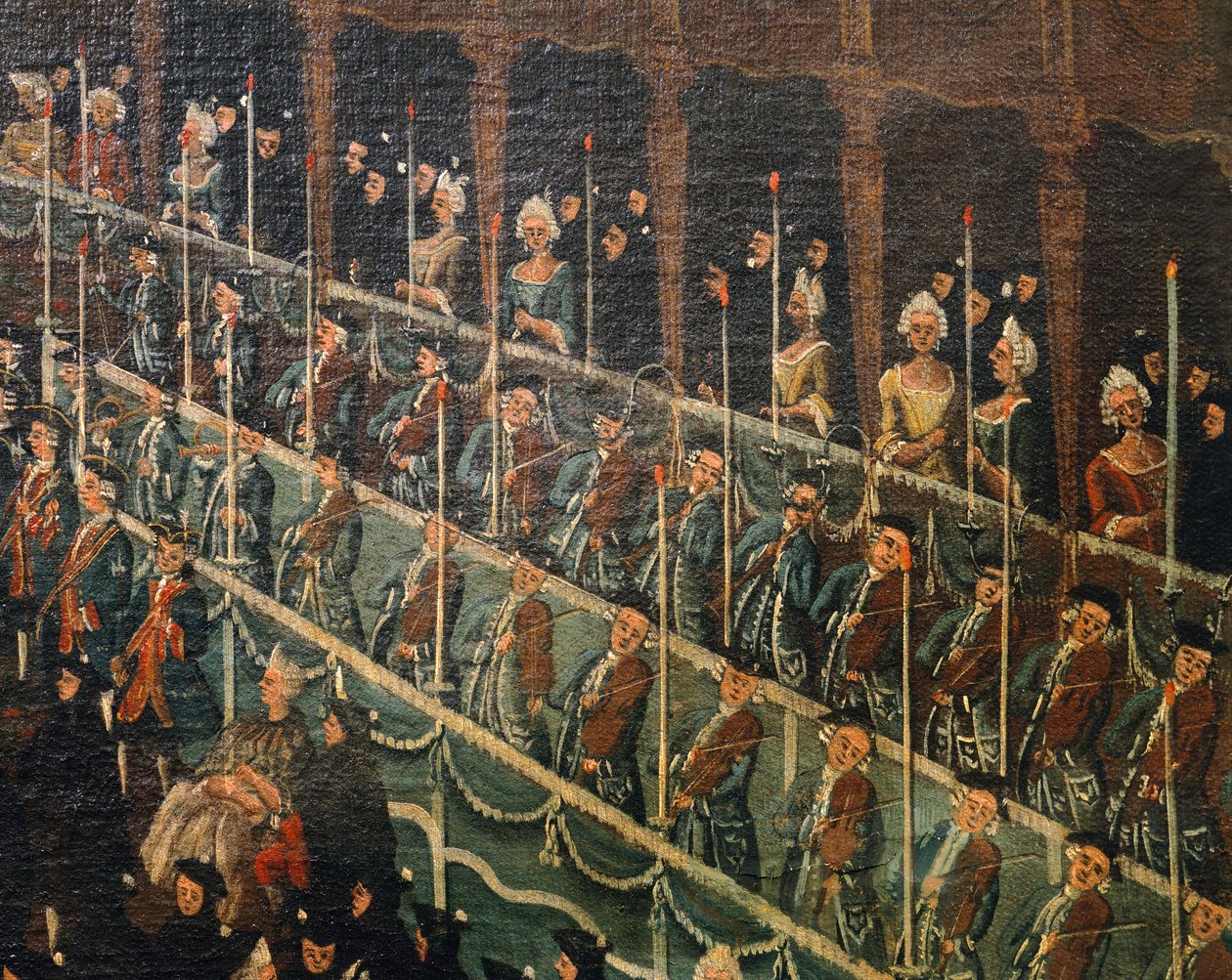 Musikere, detalj fra lunsj på San Benito Theatre tilbudt av Doge til ære for prinser av nord, Venezia, av Gabriel Bella (1730-1799), Olje på lerret av Gabriele Bella