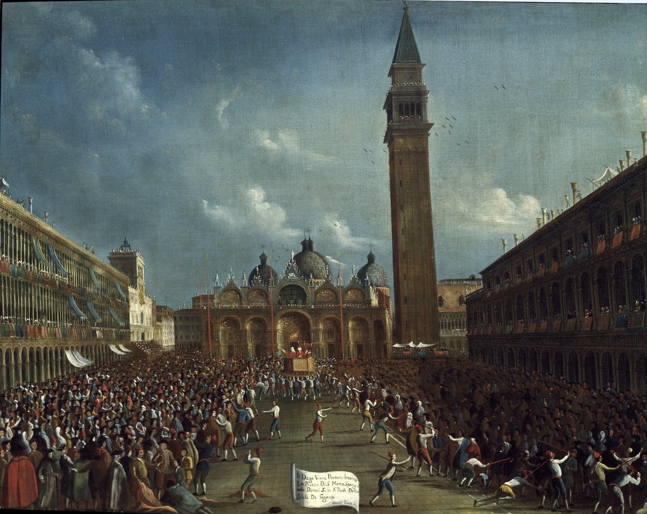 Prosesjon av dogen og utdeling av penger til innbyggerne, på Markusplassen - Maleri av Gabriele Bella (ca. 1730-1799). Venezia, Querini Stampal Foundation av Gabriele Bella