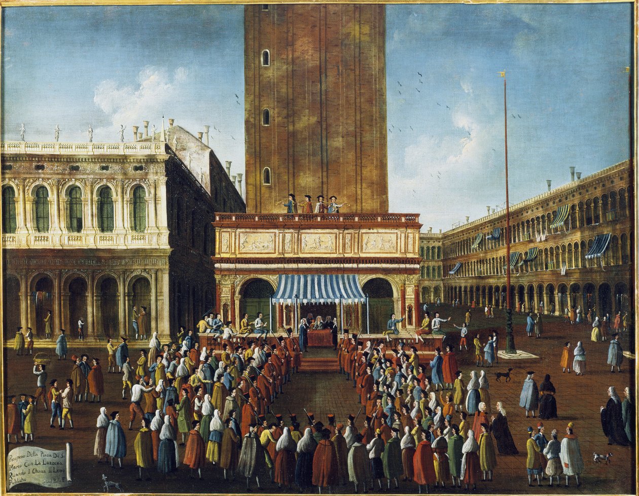 Offentlig lotteri på Loggettaen, Piazza San Marco, Venezia “” - Lotteriets spill (lotteri) på Loggettaen på Markusplassen i Venezia”” Maleri av Gabriel Bella (1730-1799) Venezia fra 1700-tallet, Foundation “ "Querini Stampalia""" av Gabriele Bella