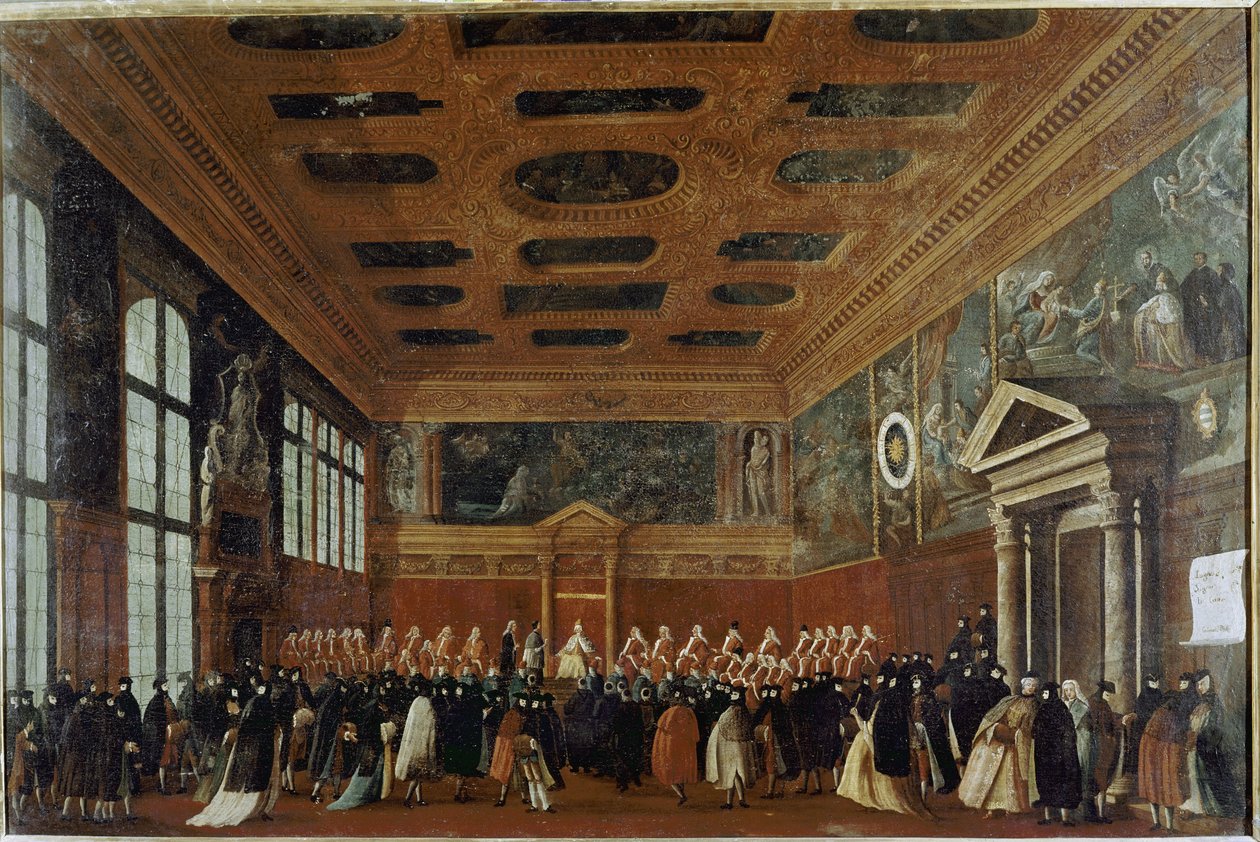 Mottak av ambassadører ved Collegio (Venezia, mottakelse av en ambassadør ved Collegio) - Maleri av Gabriele Bella (ca. 1730-1799), olje på lerret, 99x150 cm. Venezia, Querini Stampalia Foundation av Gabriele Bella