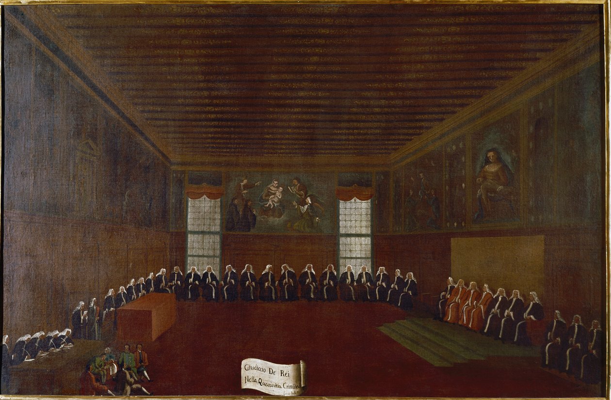 Utsikt over rommet til Kriminalkarantenen, Høyesterett eller Council of the Forty Maleri av Gabriele Bella (1733-1799) 1700-tallets Venezia, Fondazione "" Querini Stampalia"" av Gabriele Bella