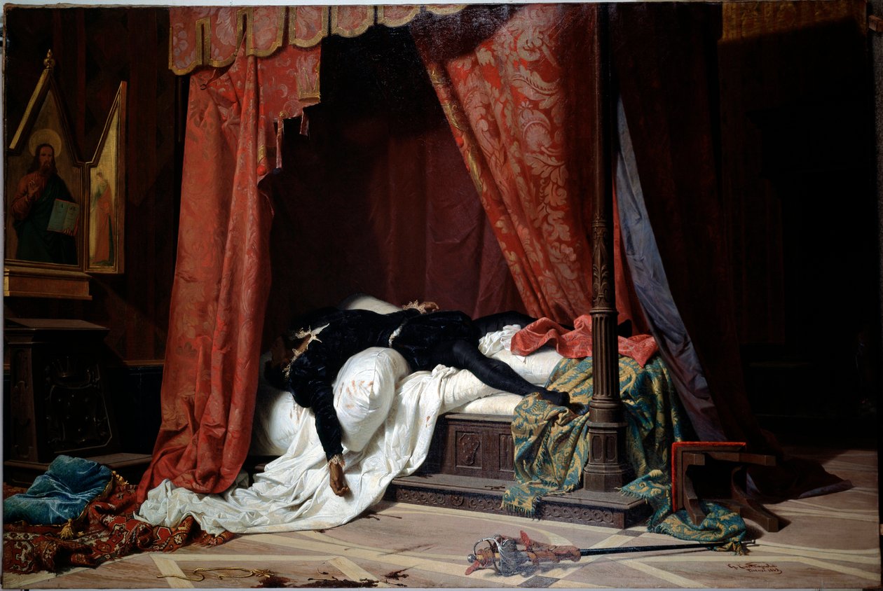 Død av hertugen av Firenze Alessandro de Medici drept av Lorenzino de Medici (olje på lerret, ca. 1865) av Gabriele Castagnola