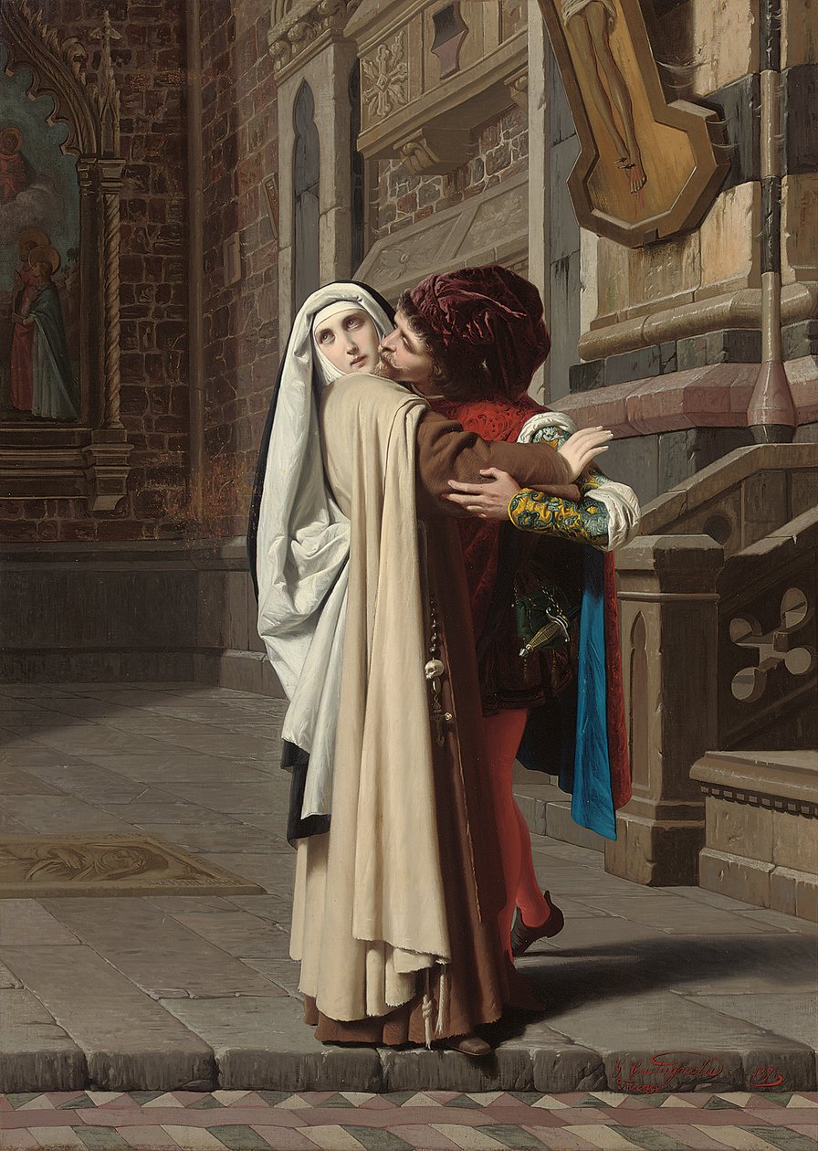 Omfavnelsen til Fra Filippo Lippi og Lucrezia Buti, 1871 av Gabriele Castagnola
