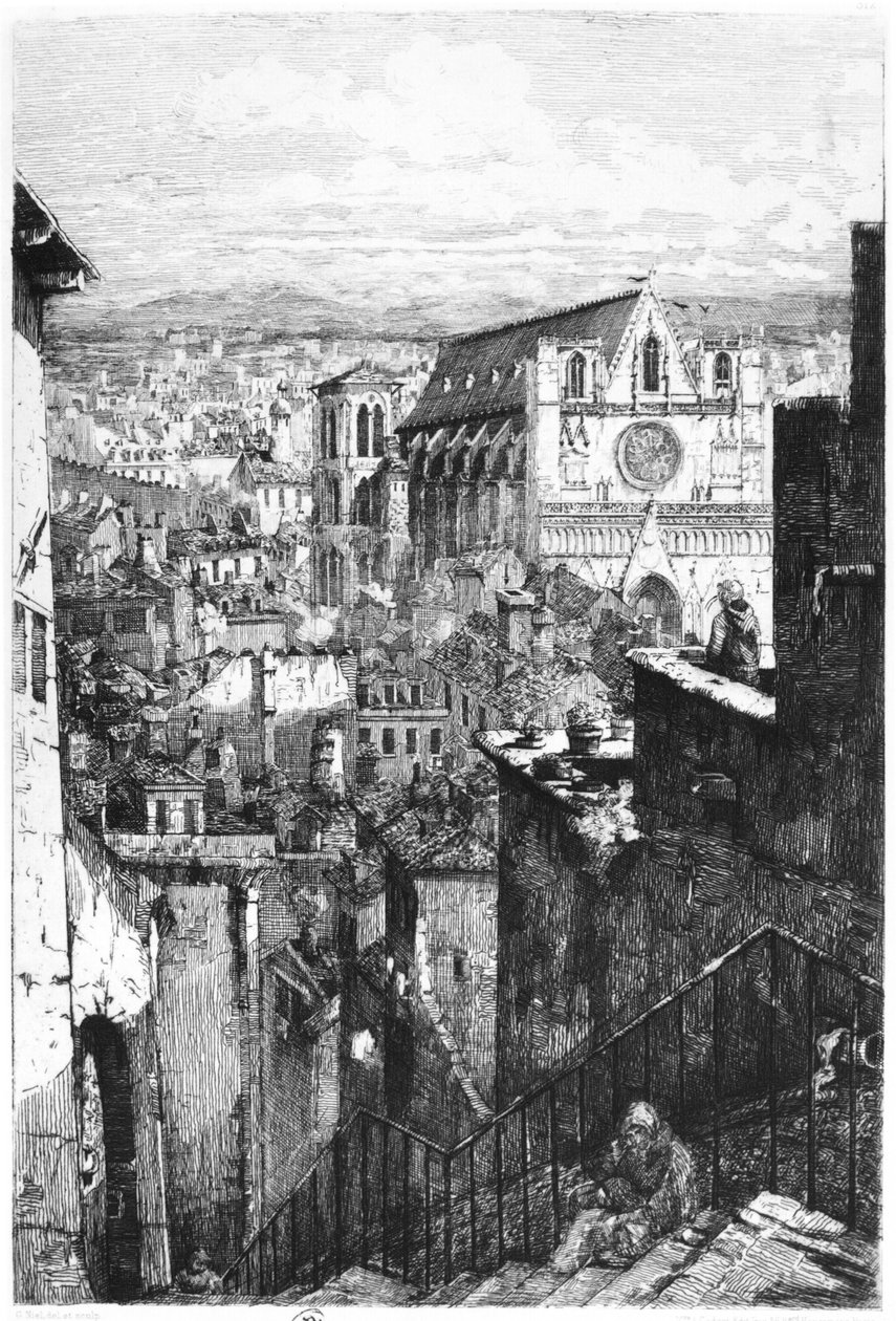 Utsikt over Saint-Jean-kirken, Lyon, midten av 1800-tallet (bw-bilde) av Gabrielle Marie Niel