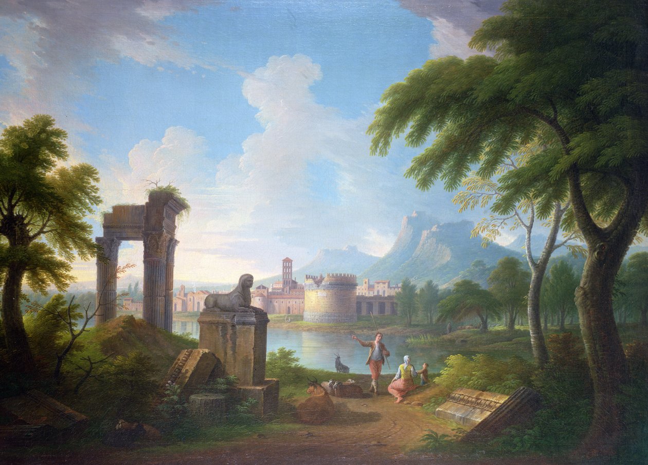 Fjellrikt elvelandskap med graven til Cecilia Metella og Campanile of Campovaccino, 1752 (olje på lerret lagt ned på masonitt) av Gabrielle Ricciardelli
