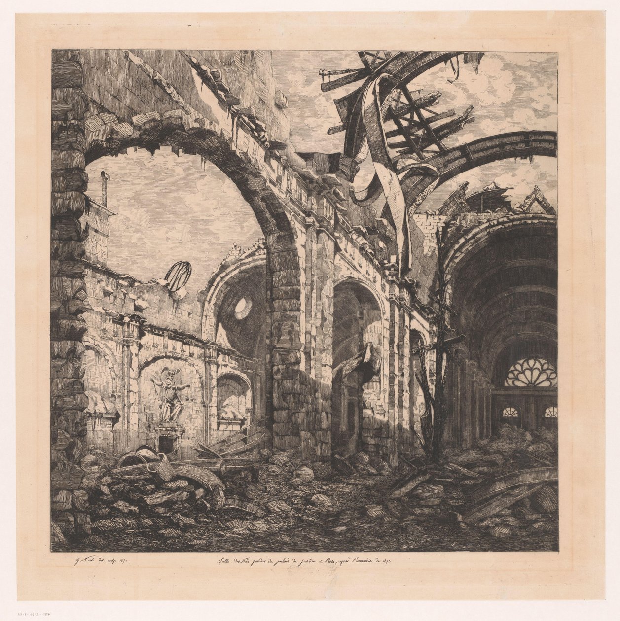 Ruïne van de Salle des Pas Perdus i Paris med varebil fra 1871 Salle des pas perdus av Palais de Justice i Paris etter brannen i 1871 (tittel på objekt) av Gabrielle Marie Niel