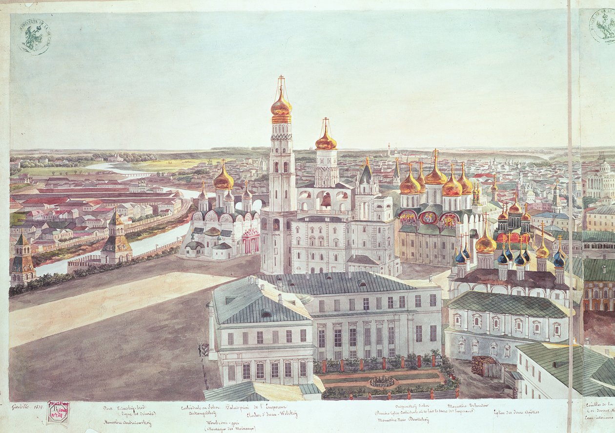 Panorama av Moskva, detalj av Kreml-katedralene, 1819 (se 170140-170146) av Gadolle