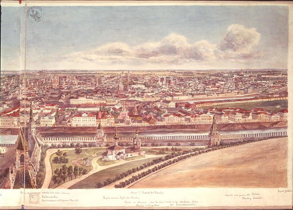 Panorama av Moskva, som viser Kreml-murene og Moskva-elven, 1819 (wc på papir) (se 170139-170145) av Gadolle