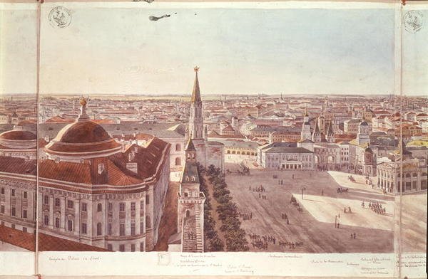 Panorama over Moskva, som viser det tidligere senatpalasset (nå kabinettkontoret), Kreml-festningene og Den røde plass, 1819 (wc på papir) (se 170139-170146) av Gadolle