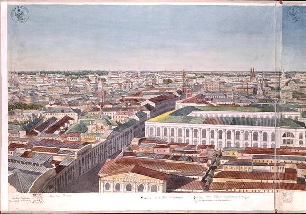 Panorama over Moskva, som viser det tidligere torget og børsen i Gostiny Dvor, 1819 (wc på papir) (se 170139-170146) av Gadolle