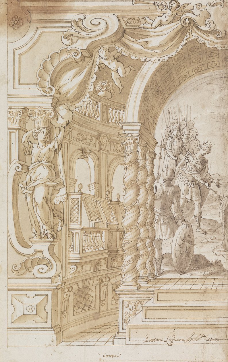 Design for en illusjonistisk veggdekorasjon, med en konge ledsaget av solidere (Esther og Ahasver ... av Gaetano Lazzara