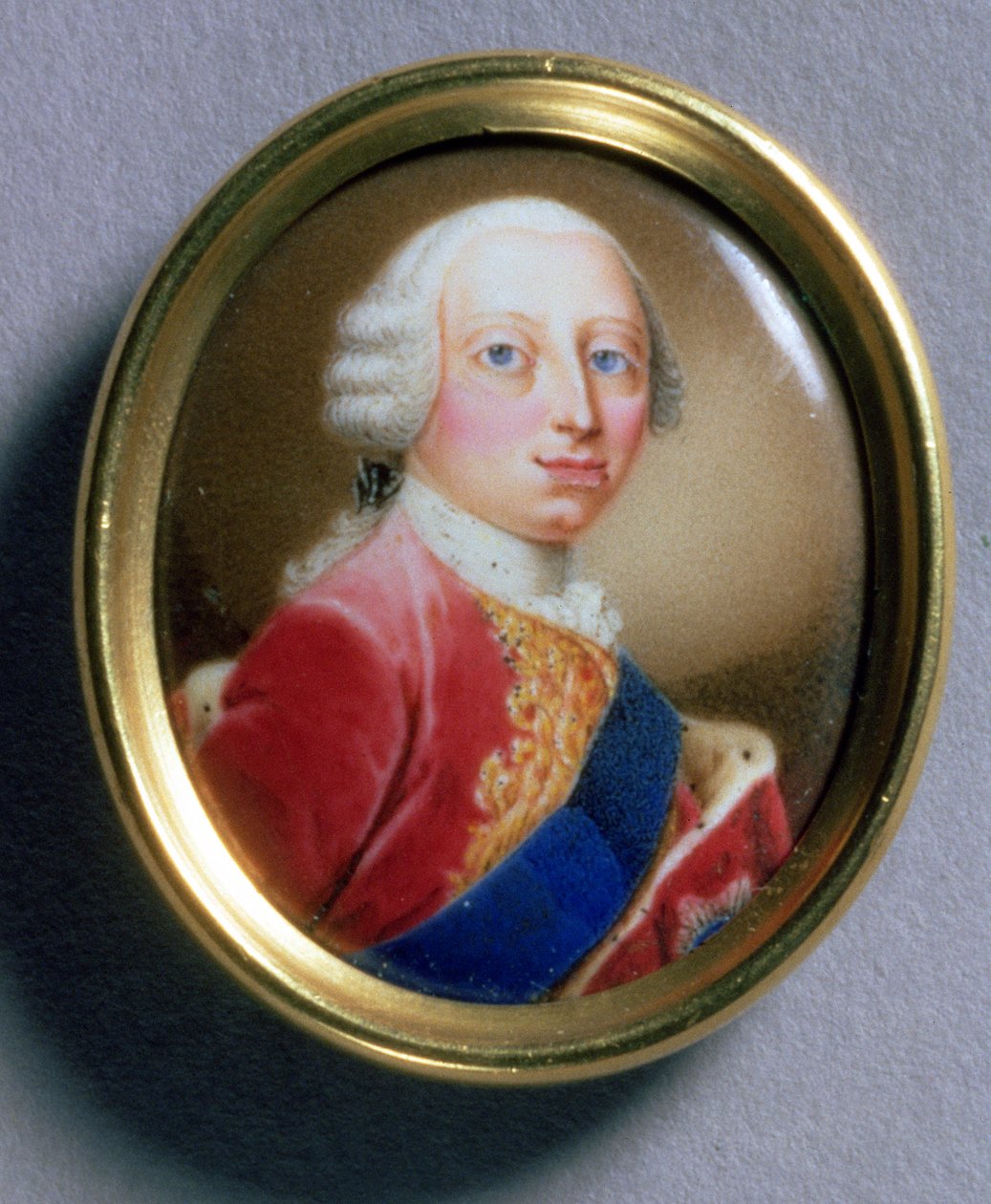 Portrettminiatyr av Frederick Louis, Prince of Wales, 1755 (wc på emalje på gull) 88;Frederick Louis, Prince of Wales (1707-51); av Gaetano Manini