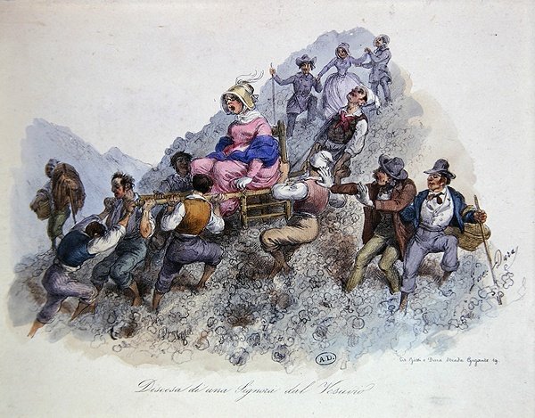 En turist som stiger ned fra Vesuv, ca. 1830 (farge litho) av Gaetano (after) Dura