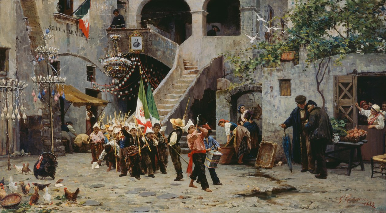 Lenge leve konge, prosesjon av barn med italiensk flagg av Gaetano Capone