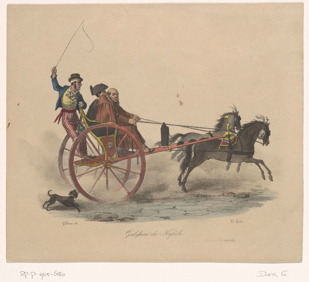 Tre menn i en vogn Galessino di Napoli (tittel på objekt) av Gaetano Dura