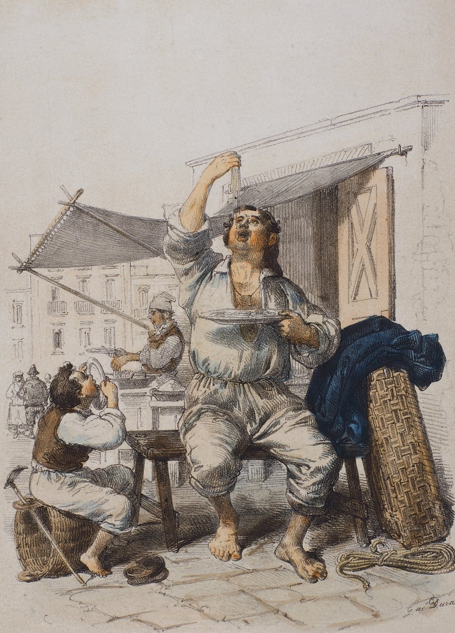 Mangia Maccaroni (Eaters of pasta), av Gaetano Dura (1805-1878), gravering, Italia av Gaetano Dura