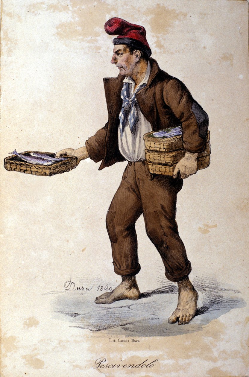 Små metiers av napoli: selgeren av fisk (fiskehandler). Litografi av F. Dura av Gaetano Dura