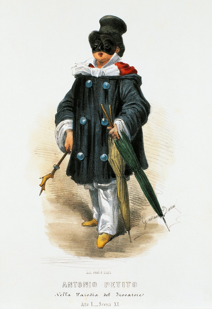 Skuespilleren Antonio Petito (1822-1876) i scenekostyme i parodien The Trubadour, litografi av Gaetano Dura (1805-1874) av Gaetano Dura