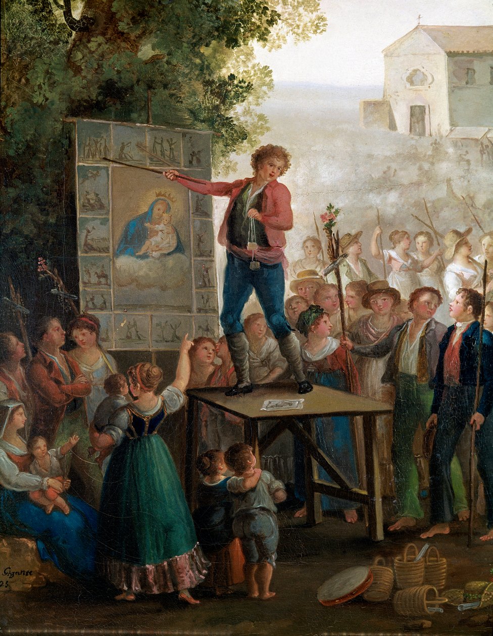 En gatekunstner som synger jomfruens mirakler på festen for Madonna dell