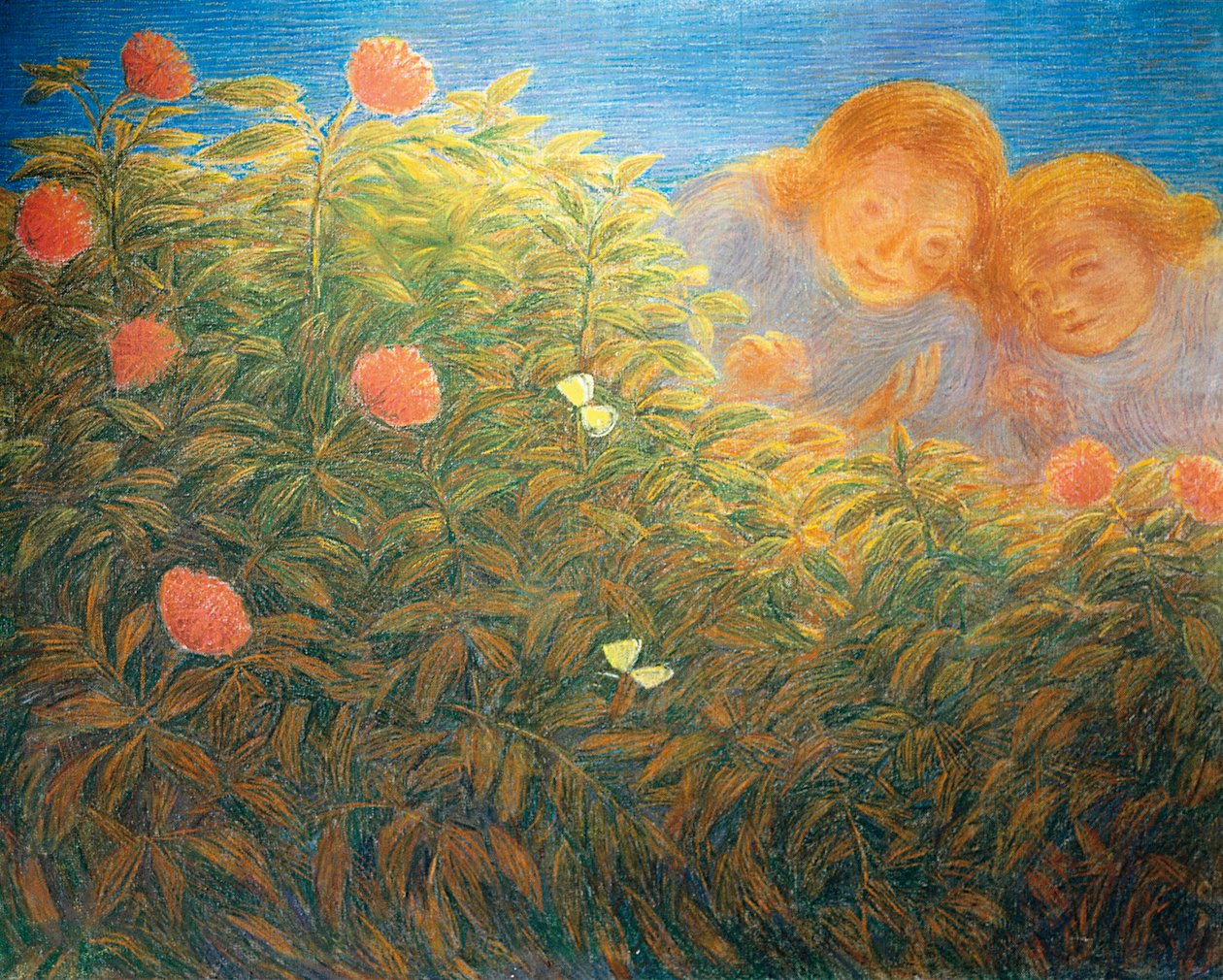 Blomster og sommerfugler, av Gaetano Previati (1852-1920), olje på lerret av Gaetano Previati