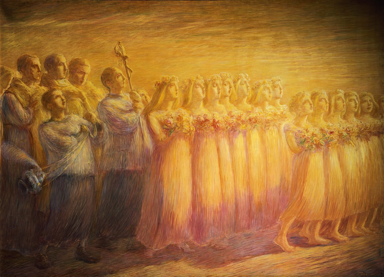 Jomfruens begravelse, av Gaetano Previati (1852-1920), Detalj av høyre side av Gaetano Previati