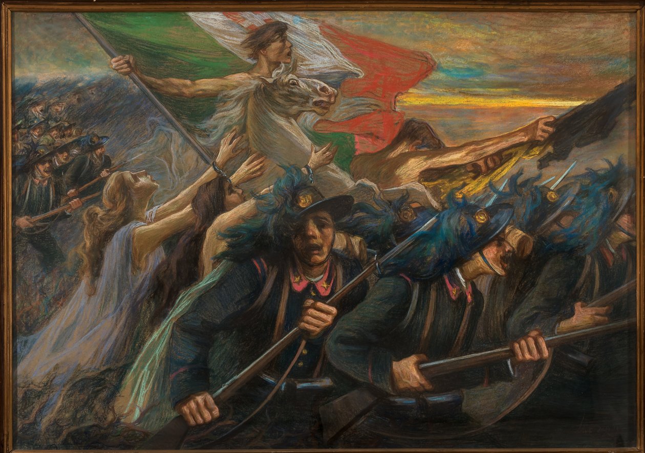 Trento og Trieste, The Charge of the Bersaglieri (riflemen) (olje på lerret) av Gaetano Previati