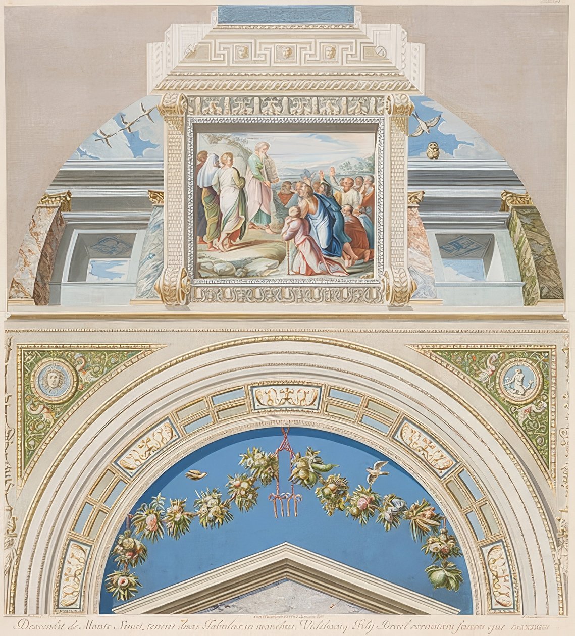 Lunetten og det hvelvede området med Moses viser lovens tavler. 1774 av Gaetano Savorelli