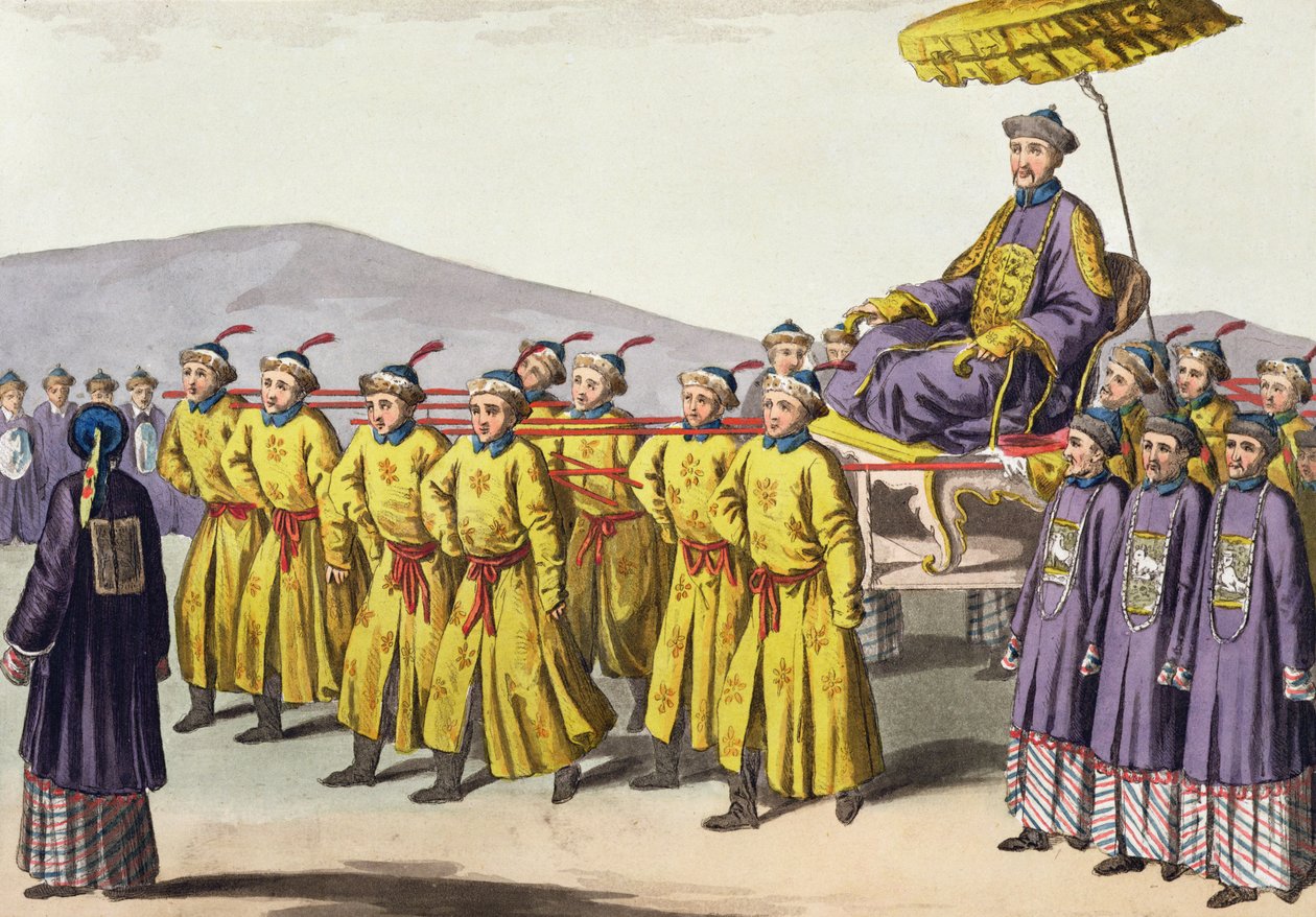 Keiser Chien Lung bar Triumph, plate 18 fra Le Costume Ancien et Moderne av Jules Ferrario, utgitt ca. 1820-30-tallet av Gaetano Zancon