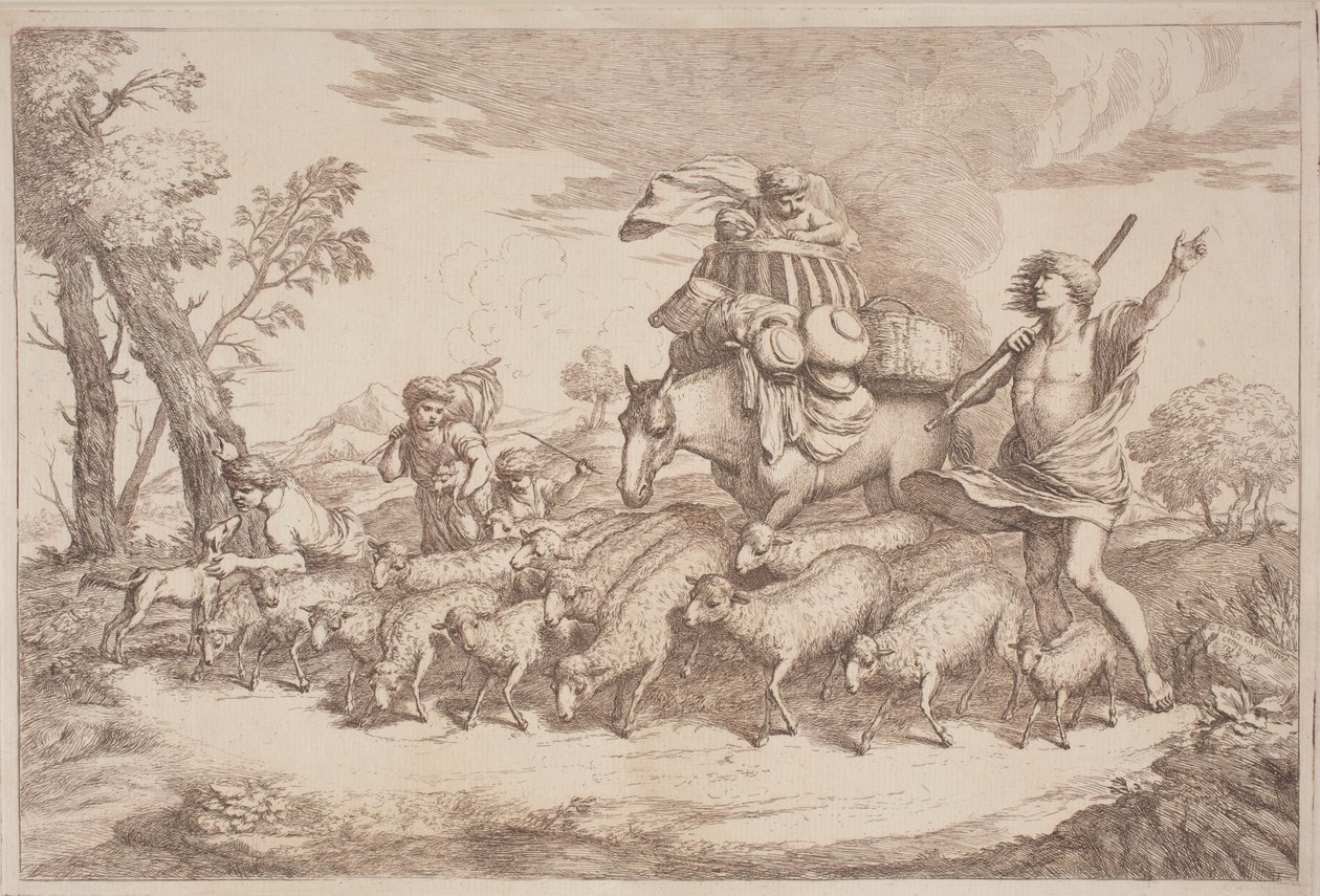 En pastoral reise med et barn i en kurv på hesteryggen av Gaetano Zompini, after Giovanni Benedetto Castiglione