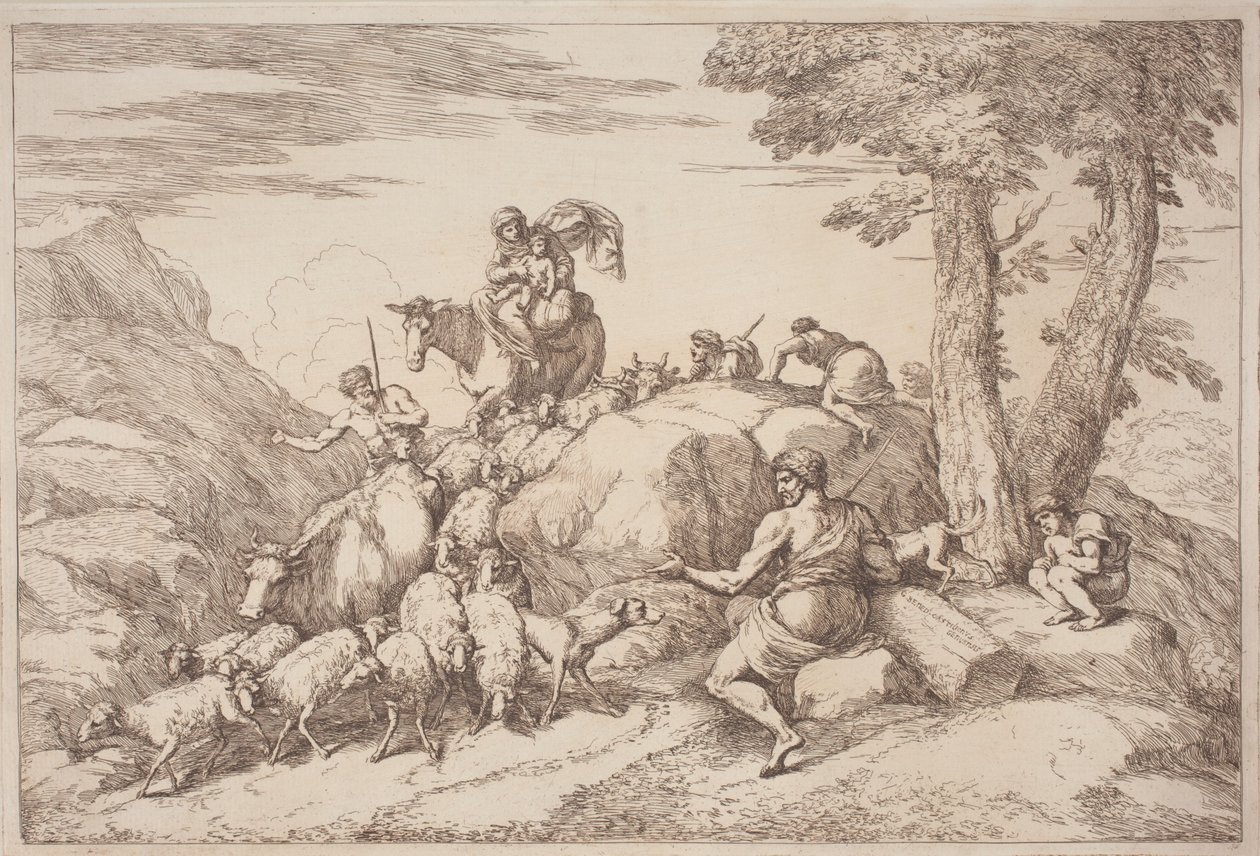 En pastoral reise med en mor og et barn til hest og en eldre hyrde sittende av Gaetano Zompini, after Giovanni Benedetto Castiglione