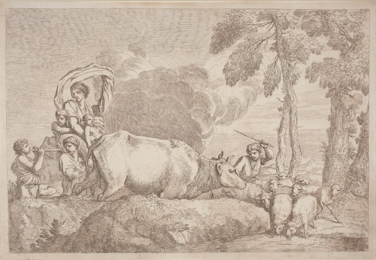 En kvinne med to barn til hest av Gaetano Zompini, after Giovanni Benedetto Castiglione