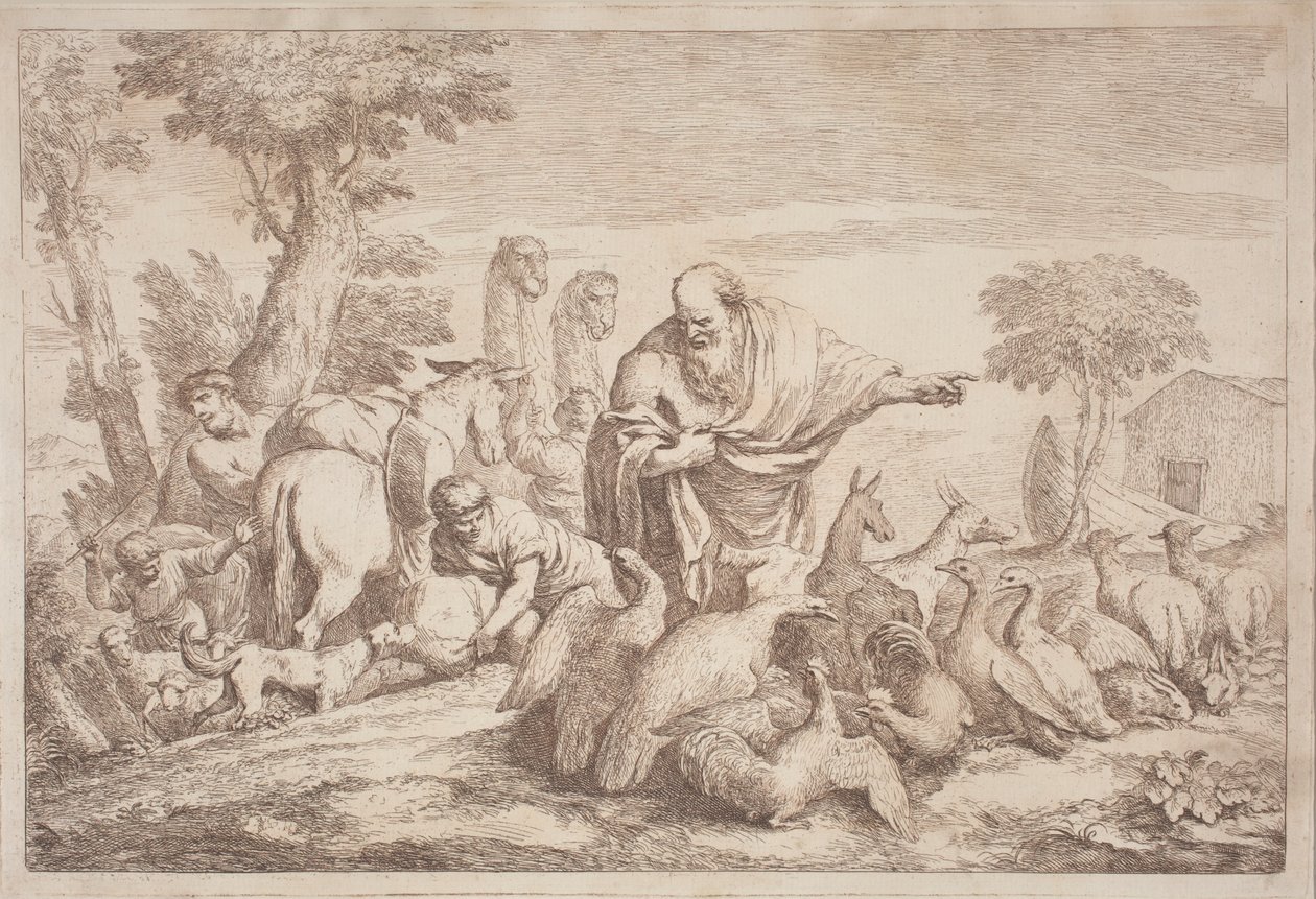 Noah som leder dyrene til arken av Gaetano Zompini, after Giovanni Benedetto Castiglione