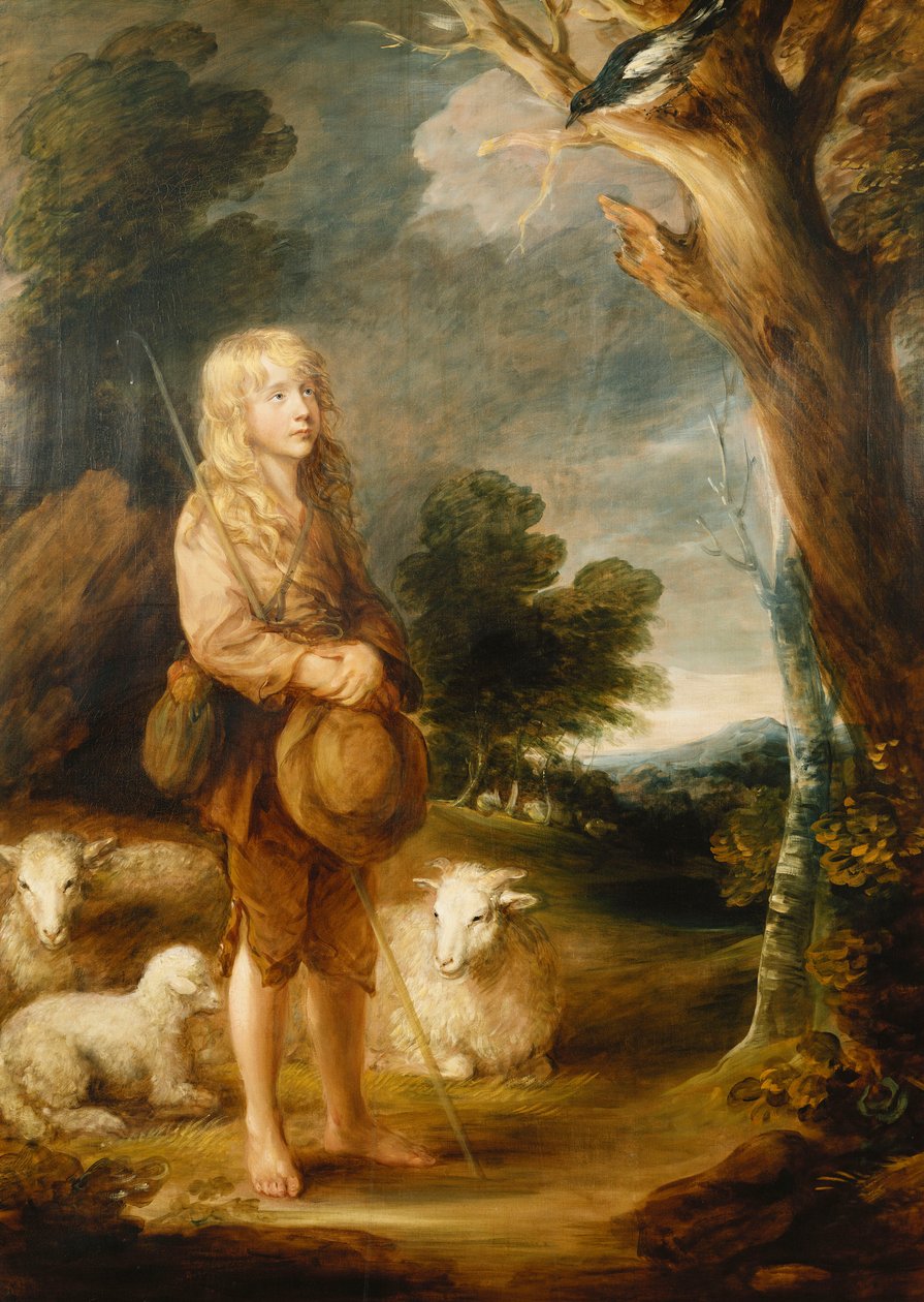 Et skogkledd landskap med en gjetergutt som lytter til en skjære, og tre sauer, av Gainsborough Dupont
