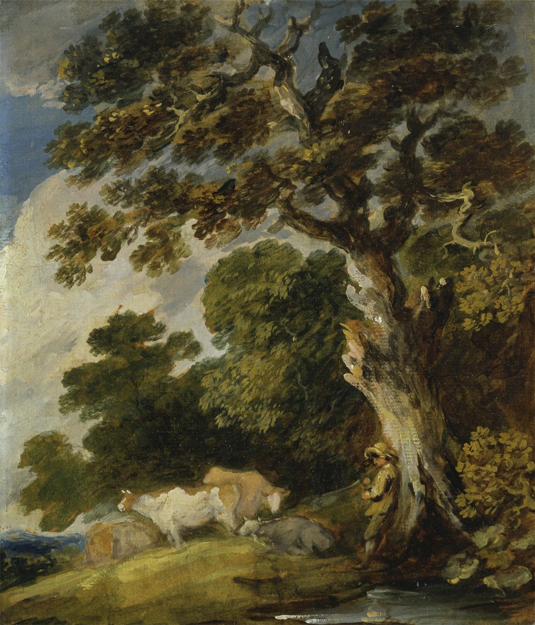 Et skogkledd landskap med storfe og gjetere (olje på papir på lerret) av Gainsborough Dupont