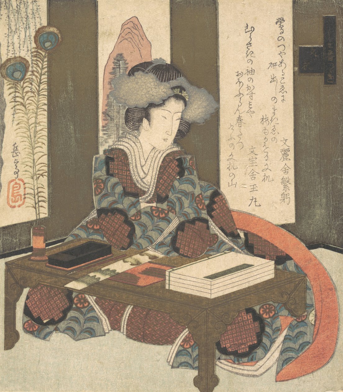 En dame som skal skrive et dikt, ca. 1820. av Gakutei