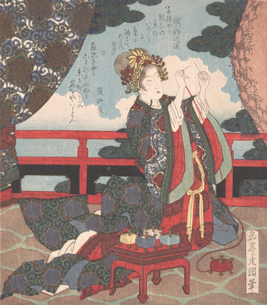 Lady Threading Needle på verandaen, 1800-tallet. av Gakutei