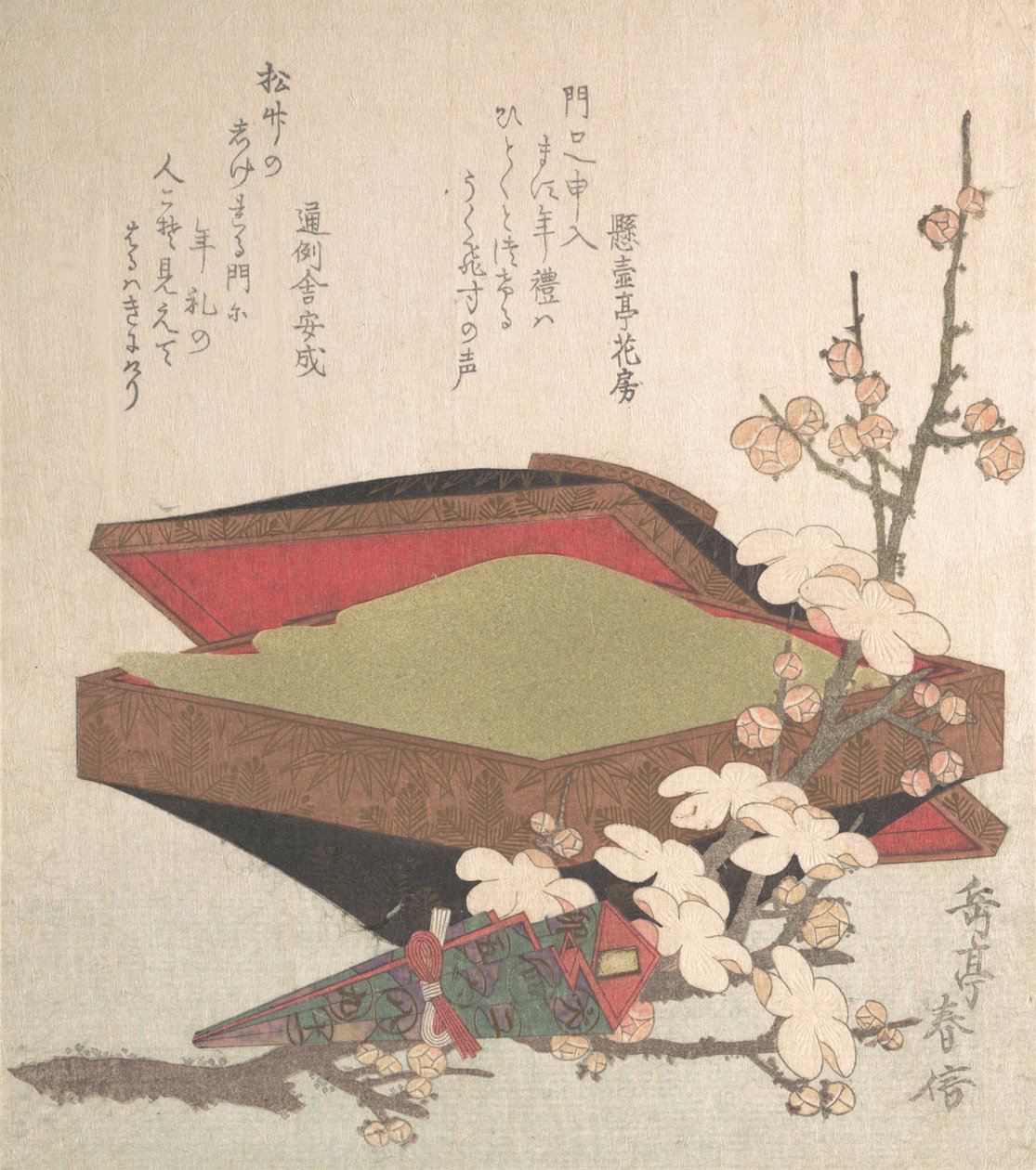 Plommeblomster og kakeboks, 1819. av Gakutei