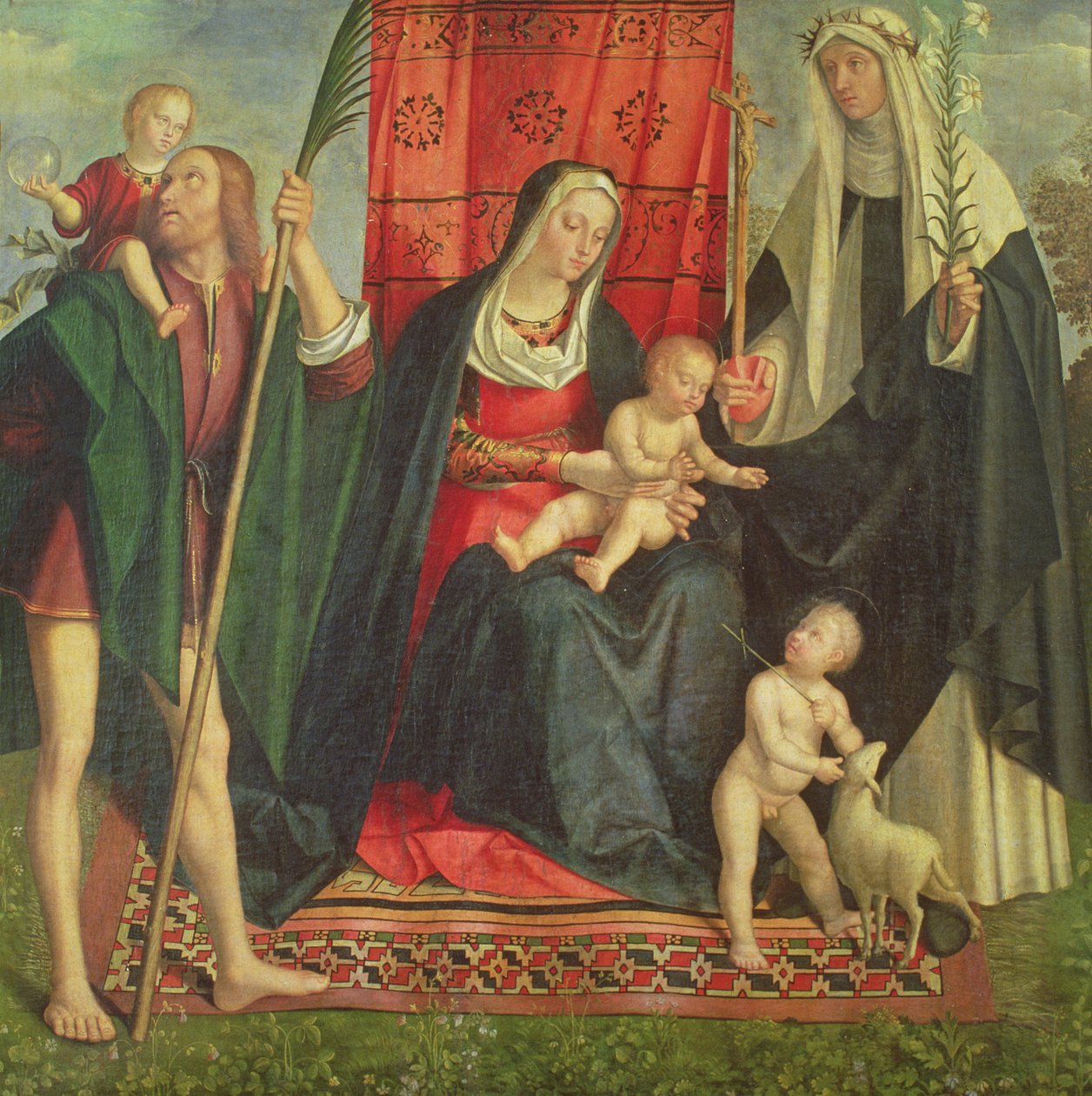 Madonna og barn med hellige (tempera på panel) av Galeazzo Campi