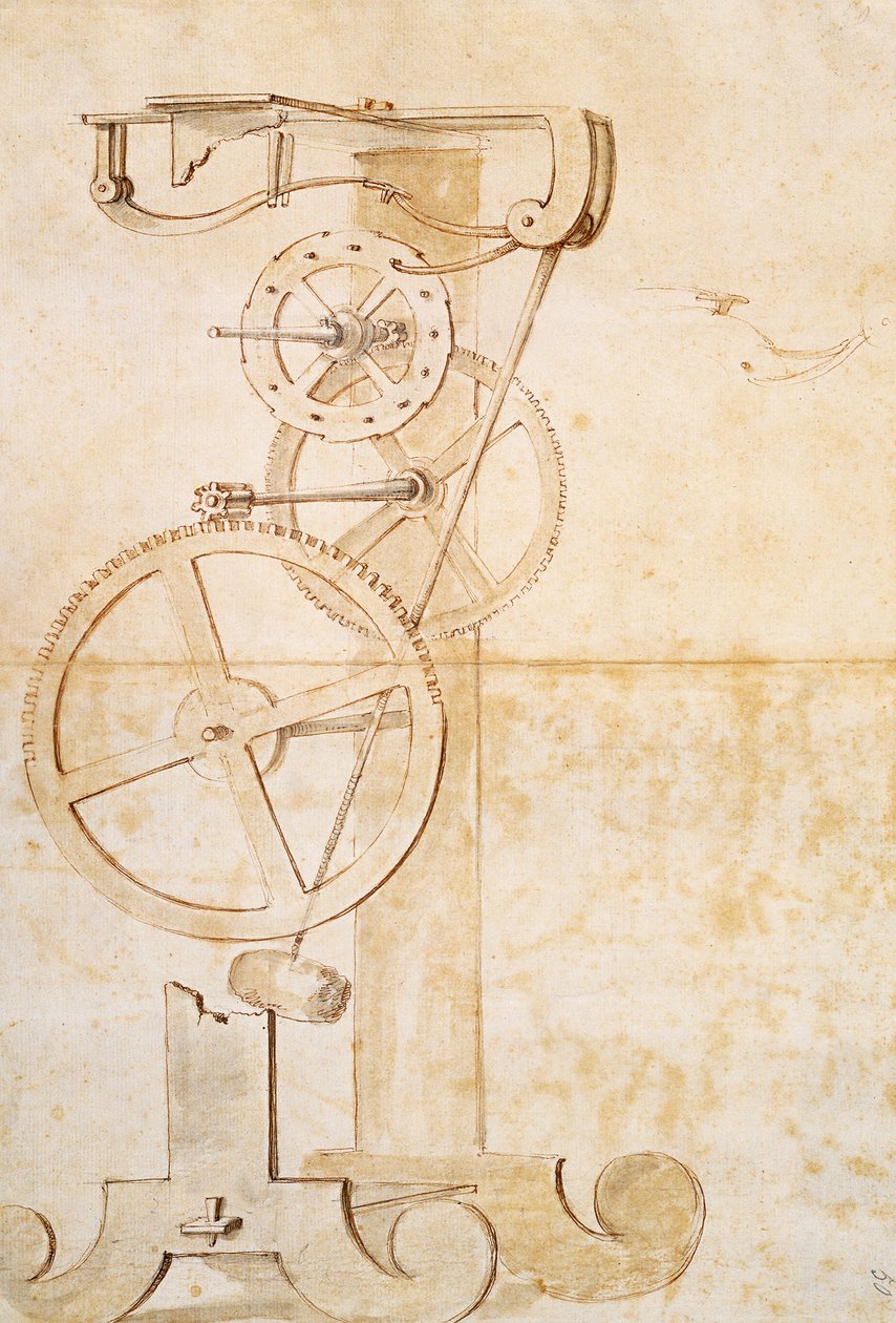 Tegning av Galileos pendelklokke, manuskript av Galileo Galilei (1564-1642), 85 gal, f 50 r. av Galileo Galilei