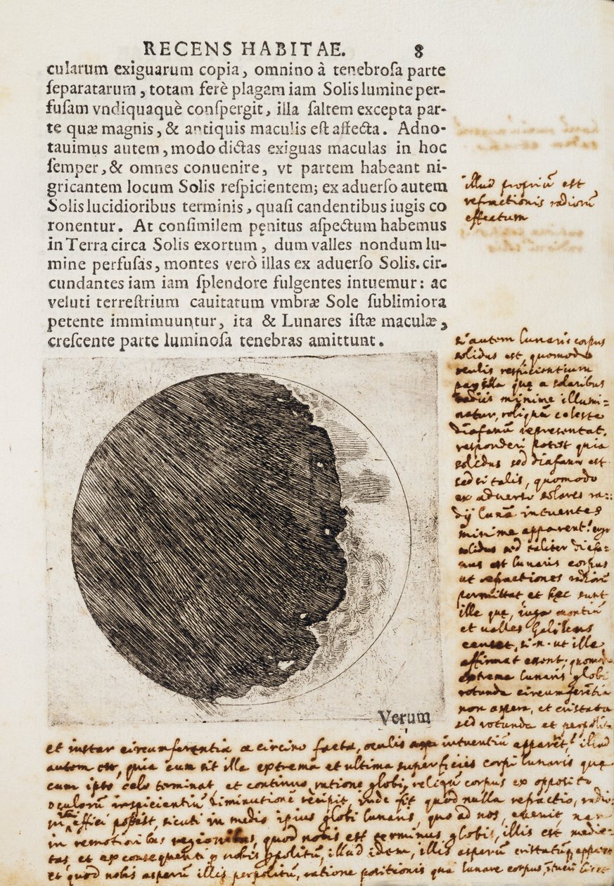 Sidereus Nuncius (Starry Messenger) med tegninger av månens faser og overflate av Galileo Galilei