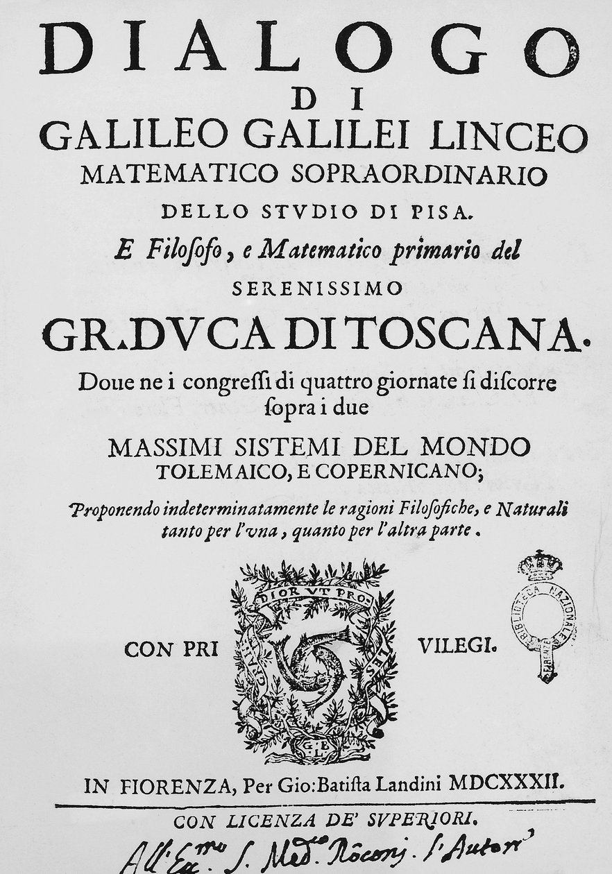 Tittelside til Dialog om to viktigste verdenssystemer, Ptolemaic og Copernican, av Galileo Galilei (1564-1642), utgitt i Firenze i 1632 av Gian Battista Landini av Galileo Galilei