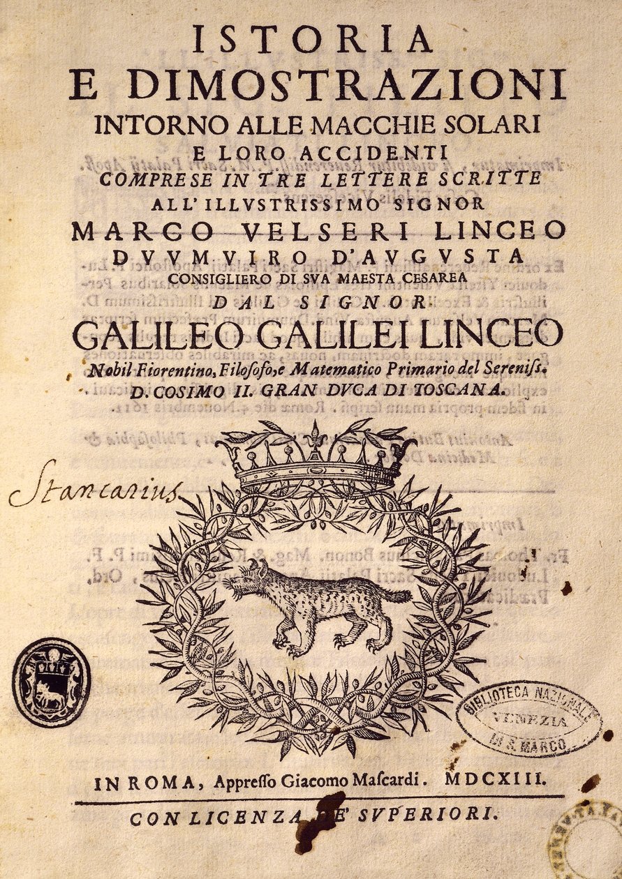 Tittelside til historie og demonstrasjoner om solflekker og deres egenskaper av Galileo Galilei