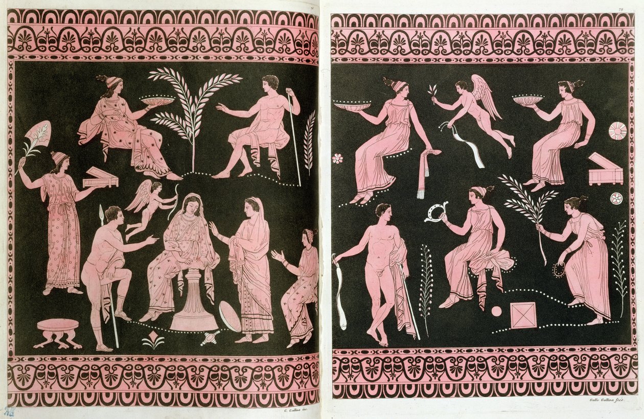 Scene for innvielse i de eleusinske mysteriene, etter greske antikke vaser, fra 